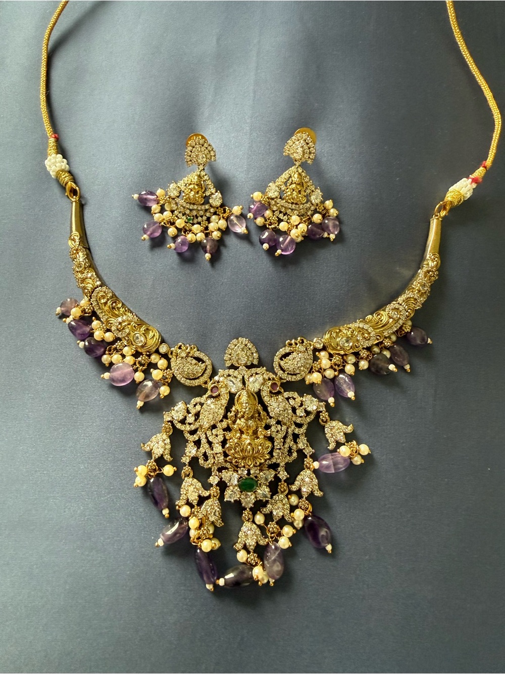 Traditional Gold-Tone Necklace & Earrings Set with Purple and Green Accents